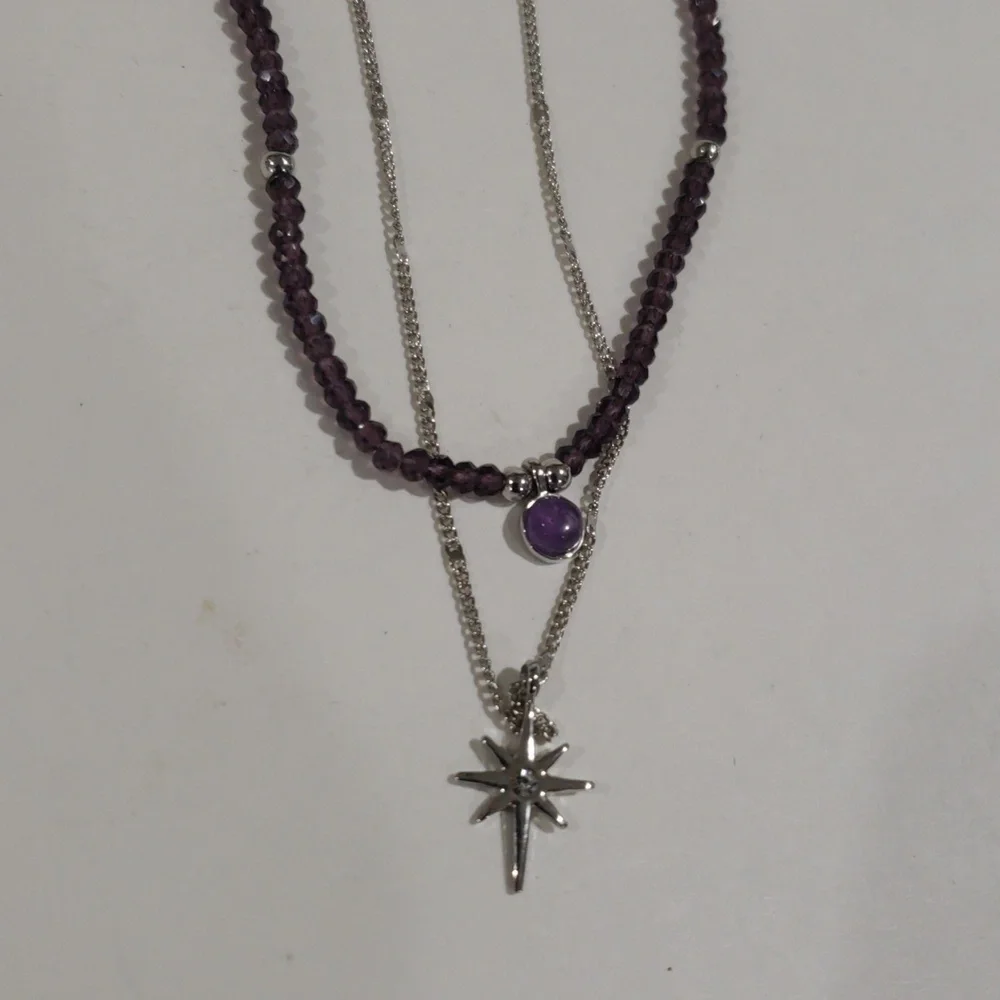 Silver tone Star Pendant & Purple Beaded Necklace Set - Stylish Women's Jewelry